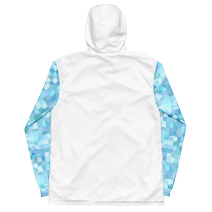 White back of jacket; sleeves have a light-blue geometric pattern.
