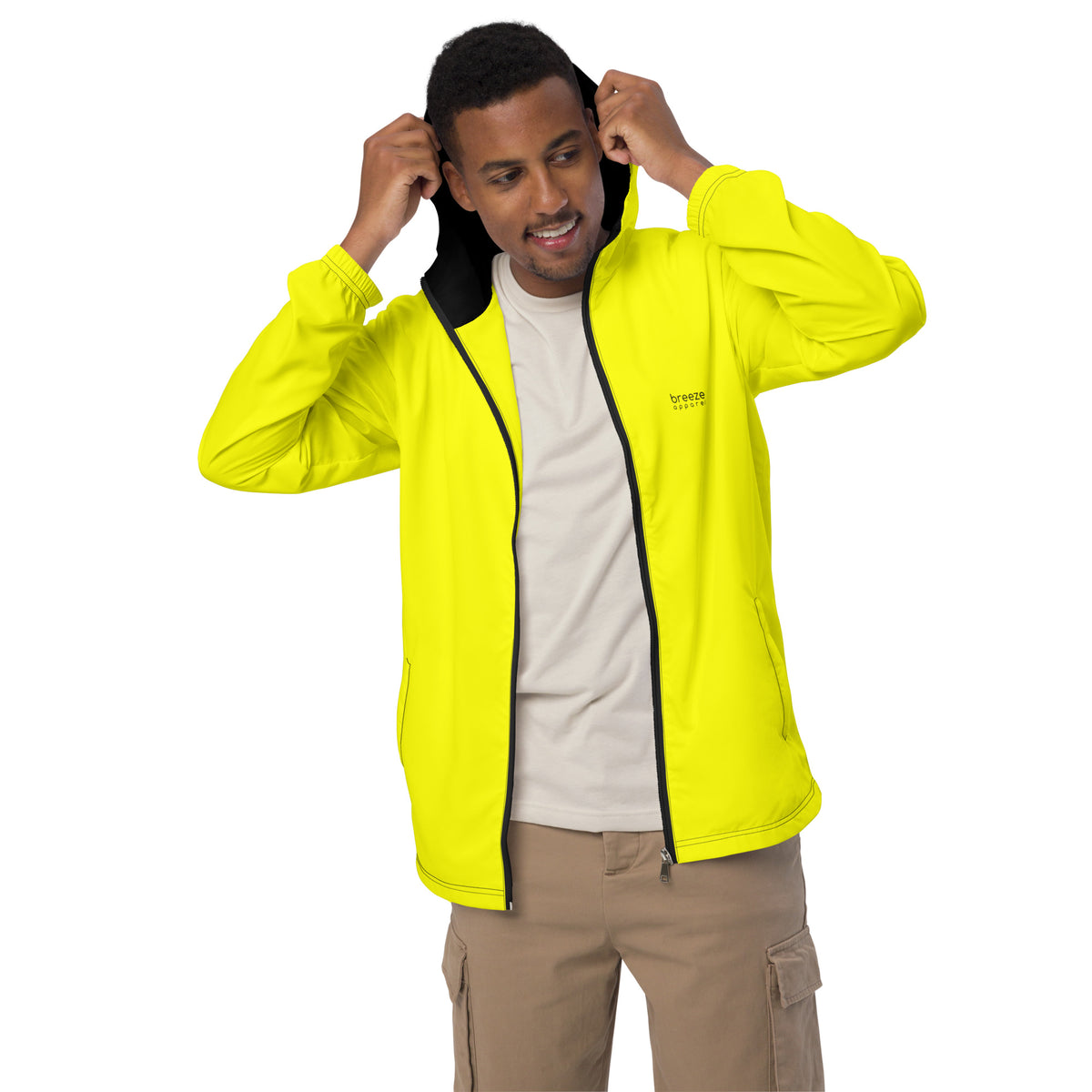 Man wearing yellow jacket.