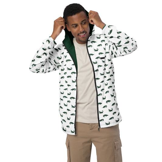 Man wearing white jacket with pattern of green alligators.