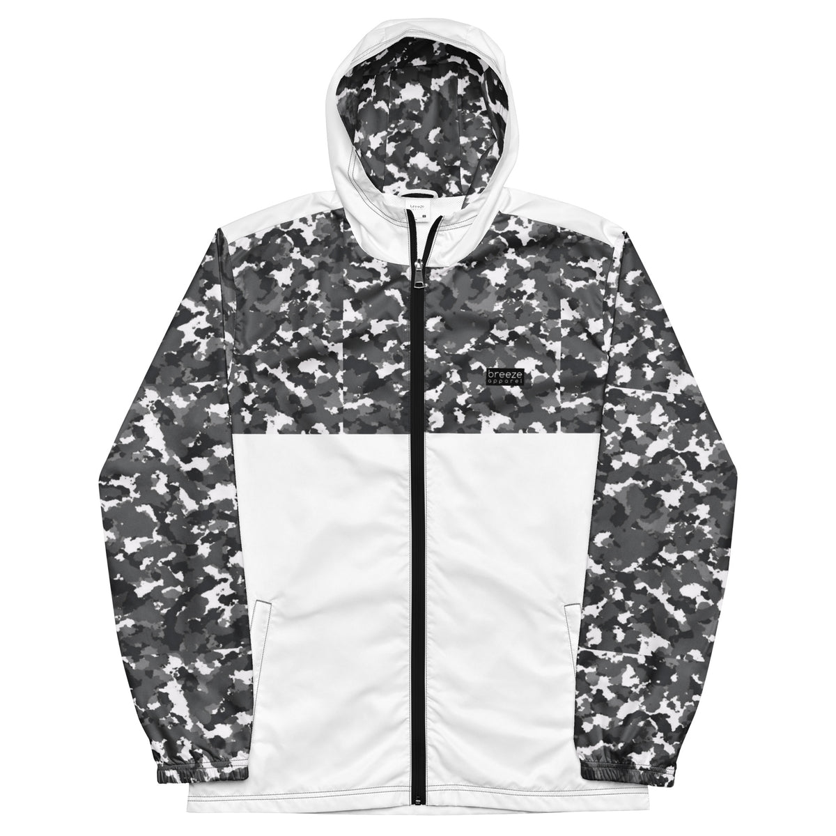 Jacket with black-gray-white camouflage pattern on hood interior, top, and sleeves; rest is white.