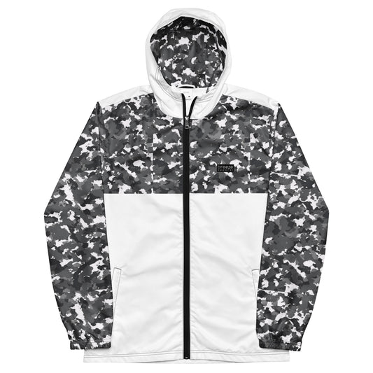 Jacket with black-gray-white camouflage pattern on hood interior, top, and sleeves; rest is white.