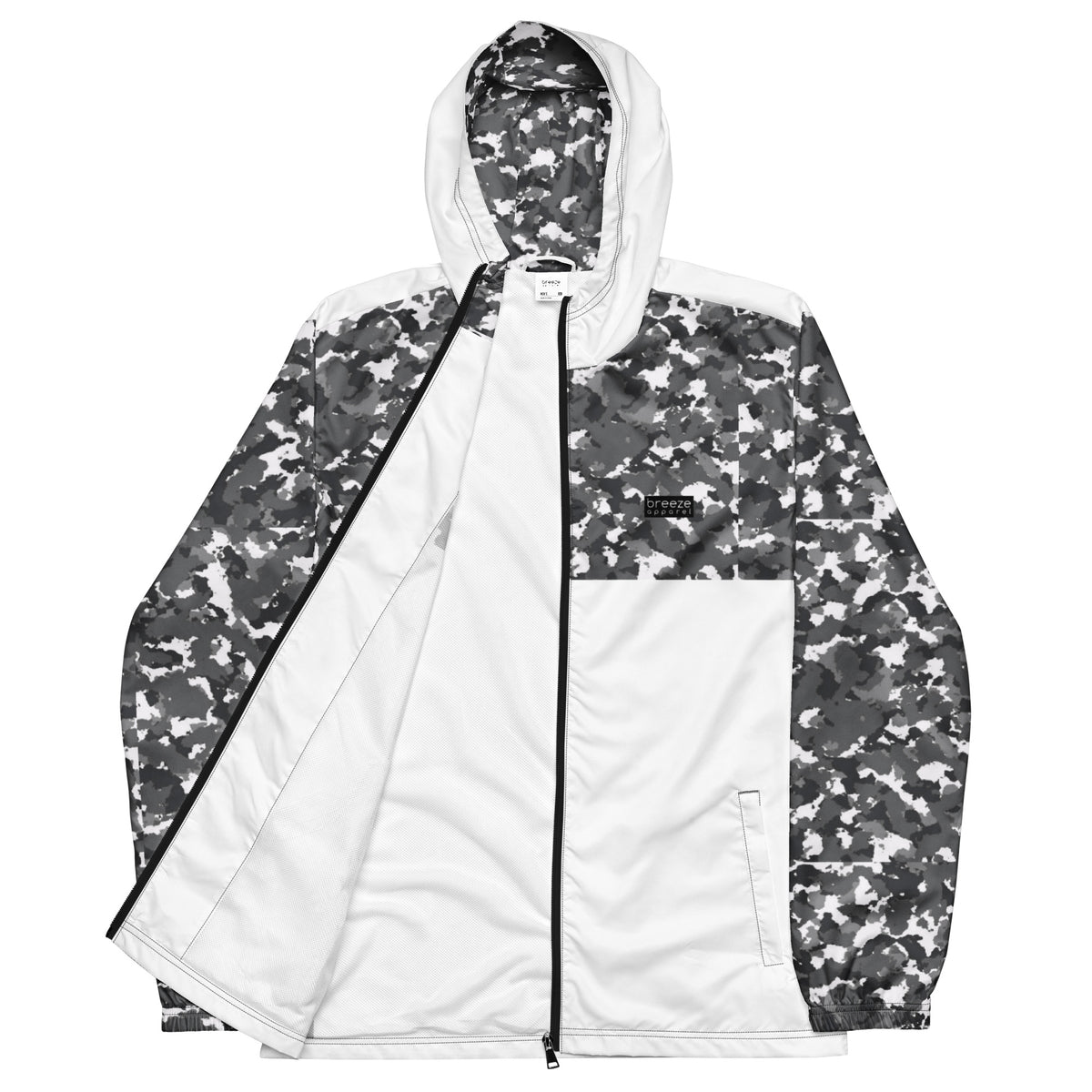 Jacket with black-gray-white camouflage pattern on hood interior, top, and sleeves; rest is white.