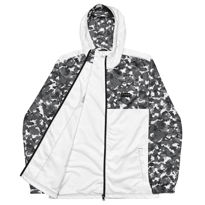 Jacket with black-gray-white camouflage pattern on hood interior, top, and sleeves; rest is white.
