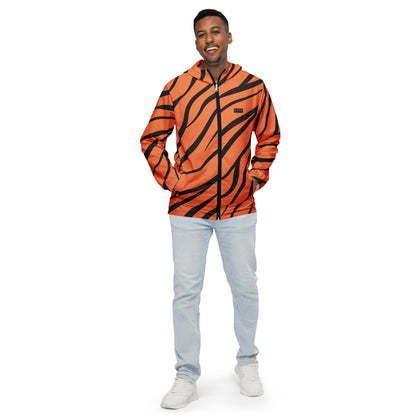 Man wearing jacket with tigerskin pattern.