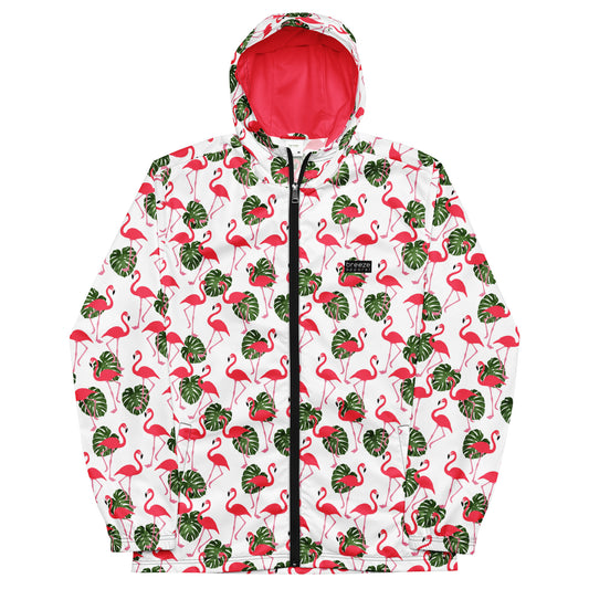 Jacket with pattern of pink flamingos and green foliage set on a white background.