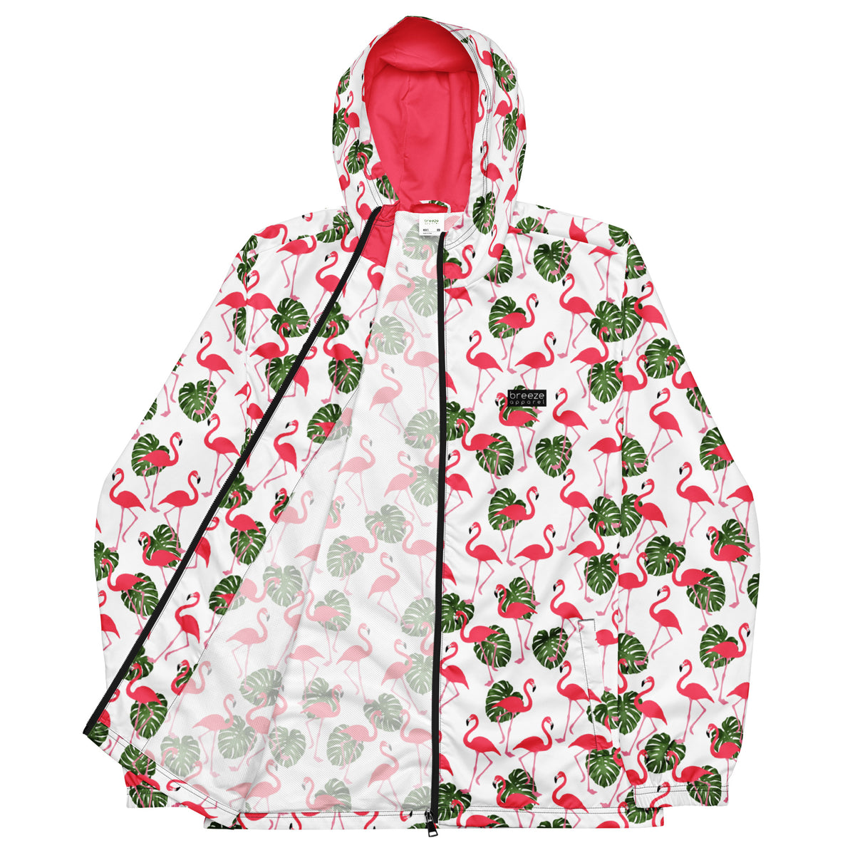 Jacket with pattern of pink flamingos and green foliage set on a white background.