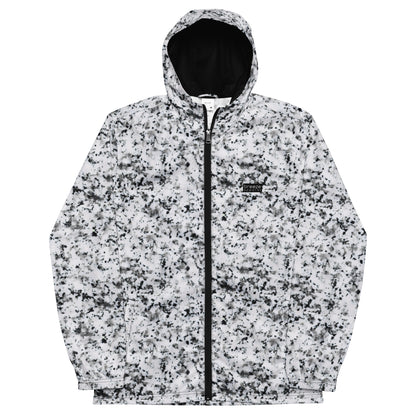 Jacket with pattern of black splotches on a white background.