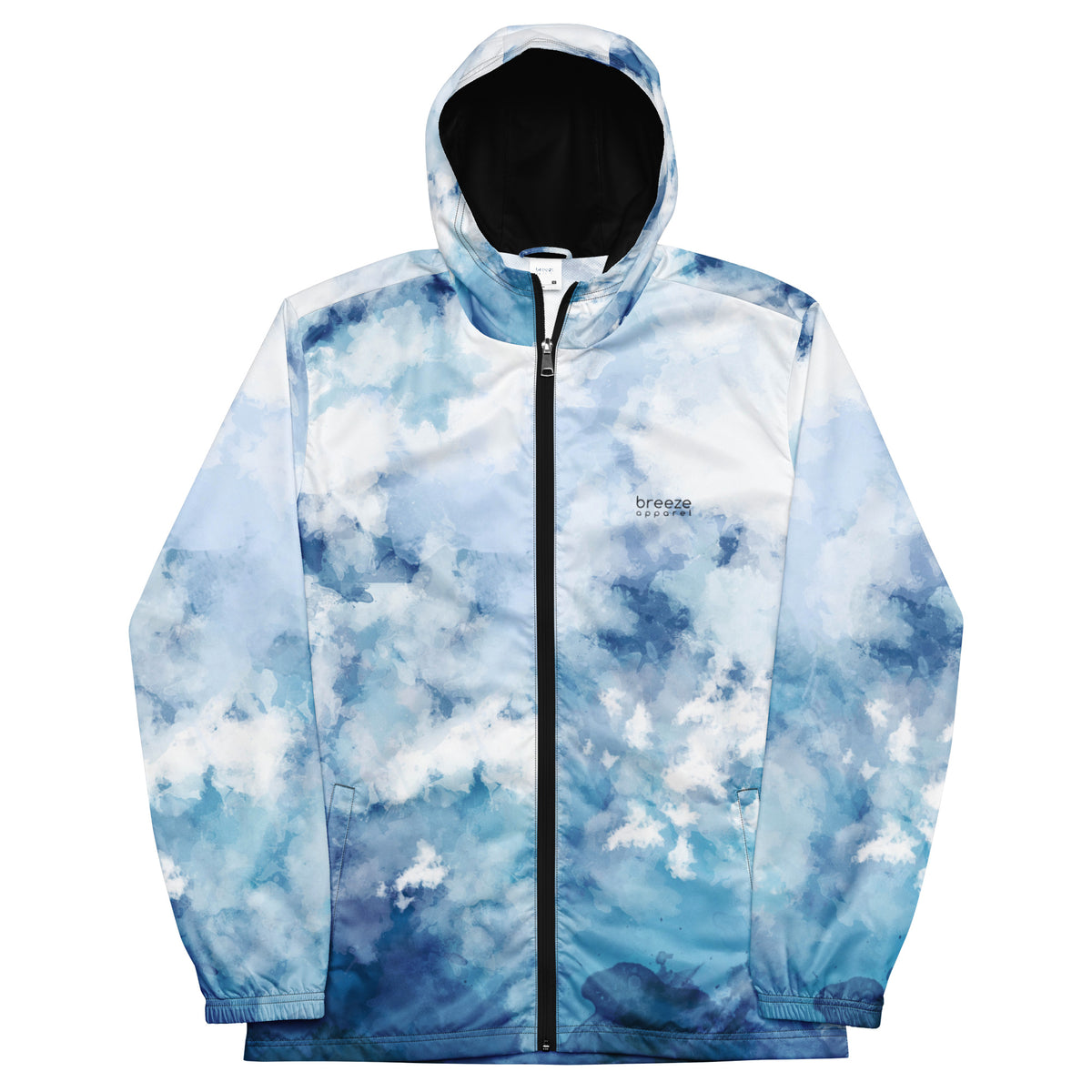 Jacket with blue-white pattern resembling watercolor.