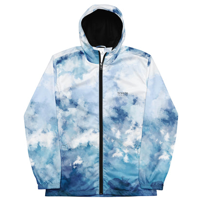 Jacket with blue-white pattern resembling watercolor.