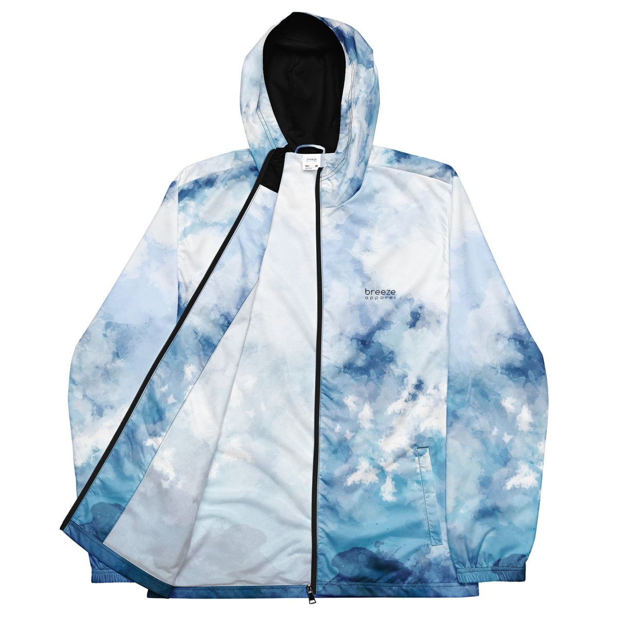 Jacket with blue-white pattern resembling watercolor.