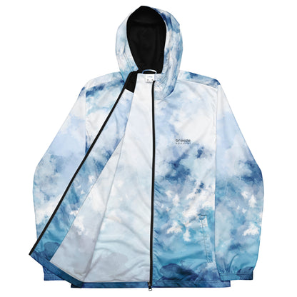Jacket with blue-white pattern resembling watercolor.