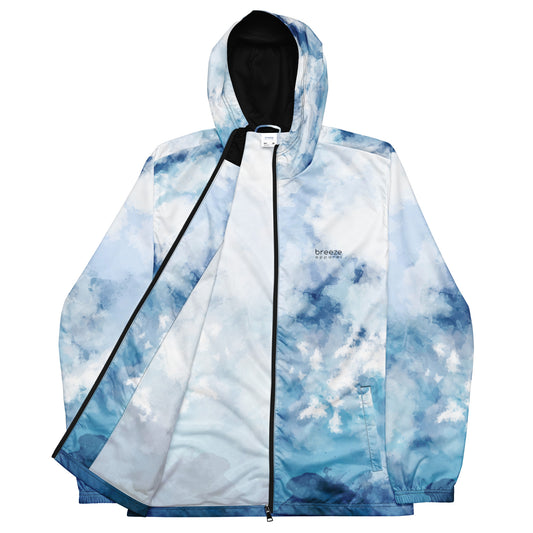 Jacket with blue-white pattern resembling watercolor.