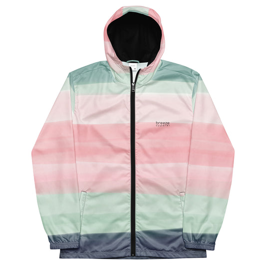Jacket with design resembling watercolor consisting of horizontal stripes that are pink, light-green, or gray.