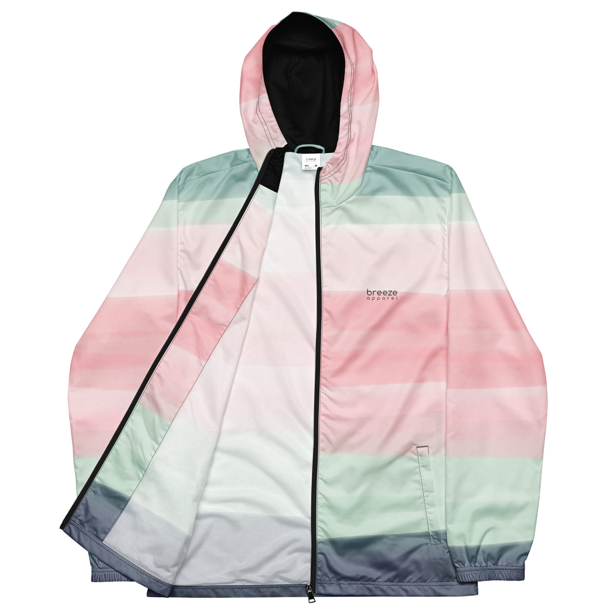 Jacket with design resembling watercolor consisting of horizontal stripes that are pink, light-green, or gray.