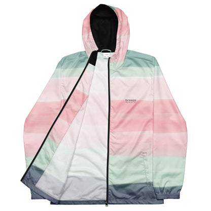 Jacket with design resembling watercolor consisting of horizontal stripes that are pink, light-green, or gray.