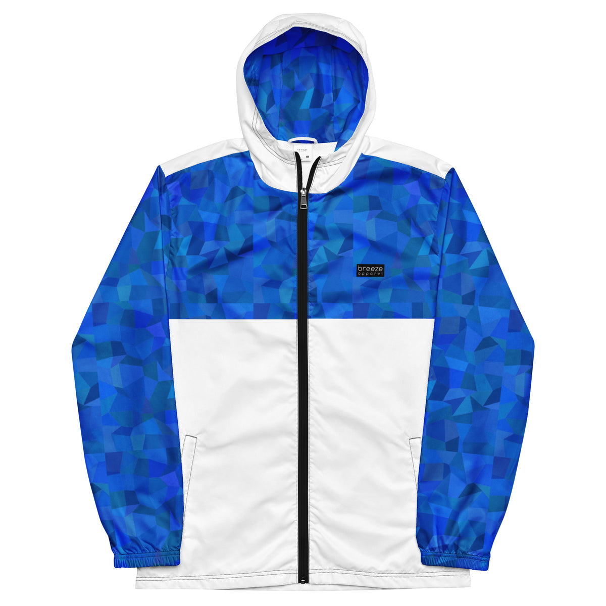 Jacket with blue geometric pattern on hood interior, top, and sleeves; rest is white.