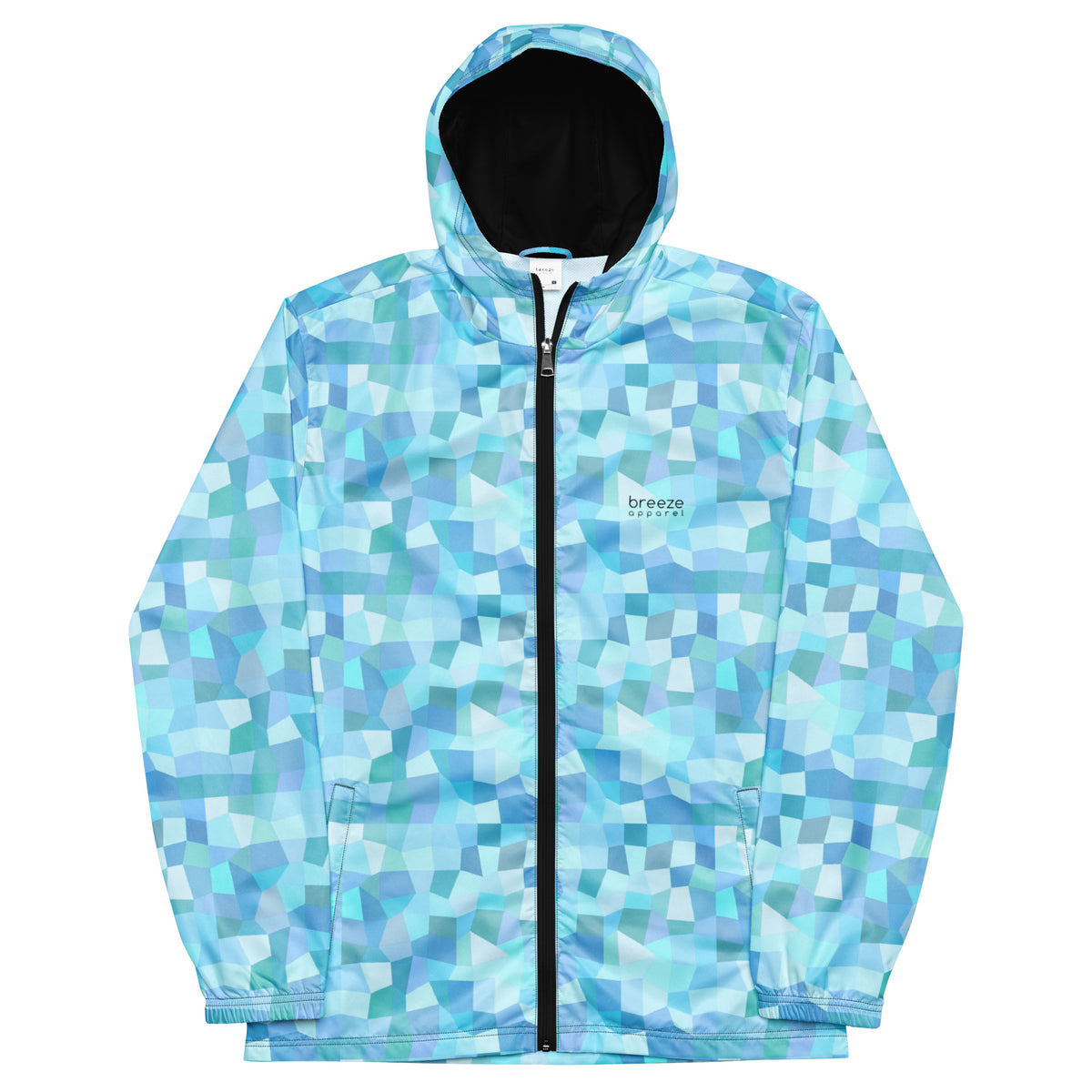 Jacket with pattern of light-blue geometric pattern.