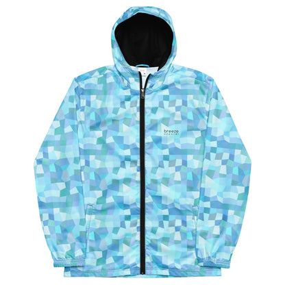Jacket with pattern of light-blue geometric pattern.