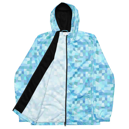 Jacket with pattern of light-blue geometric pattern.