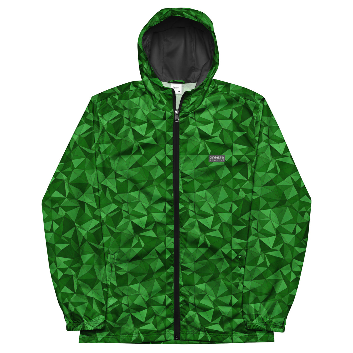 Windbreaker with green geometric pattern.