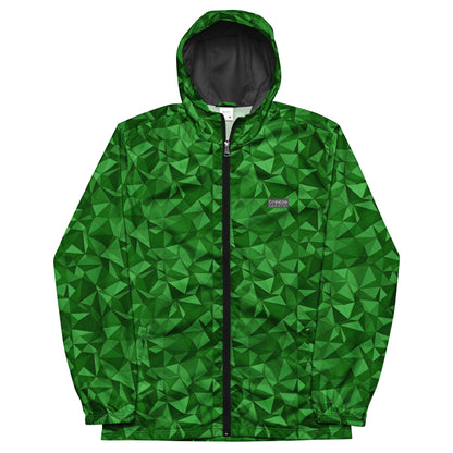 Windbreaker with green geometric pattern.