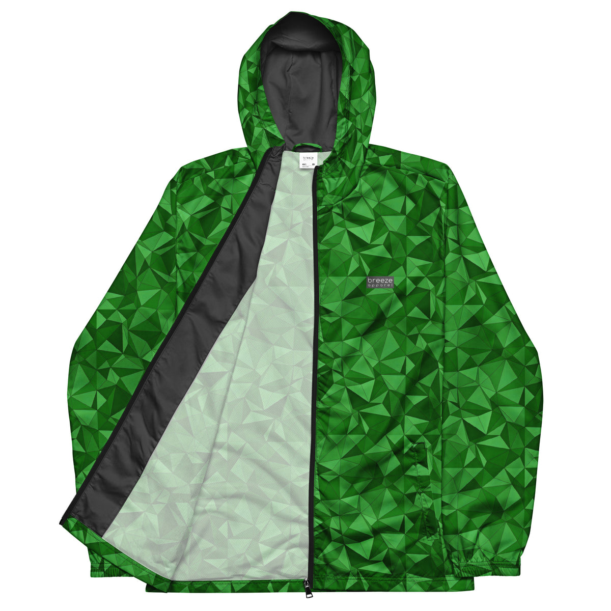 Windbreaker with green geometric pattern.