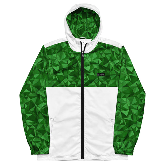 Windbreaker with green geometric pattern on top half, hood interior, and sleeves; rest is white.