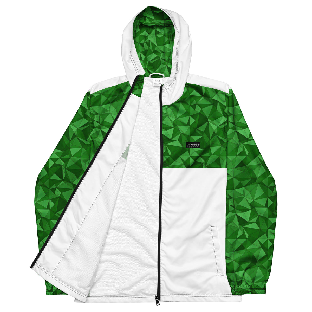 Windbreaker with green geometric pattern on top half, hood interior, and sleeves; rest is white.