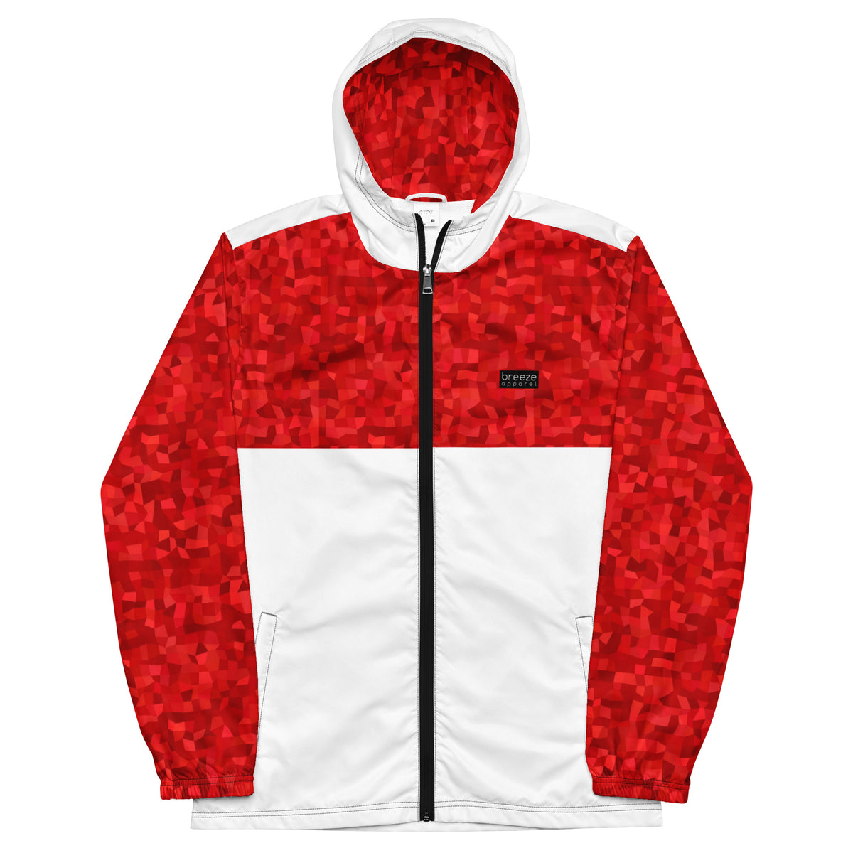 Windbreaker with red geometric pattern on top half, hood interior, and sleeves; rest is white.