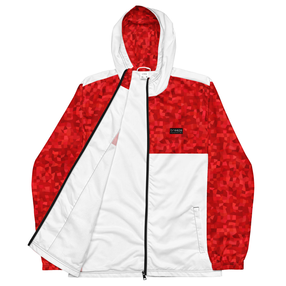 Windbreaker with red geometric pattern on top half, hood interior, and sleeves; rest is white.
