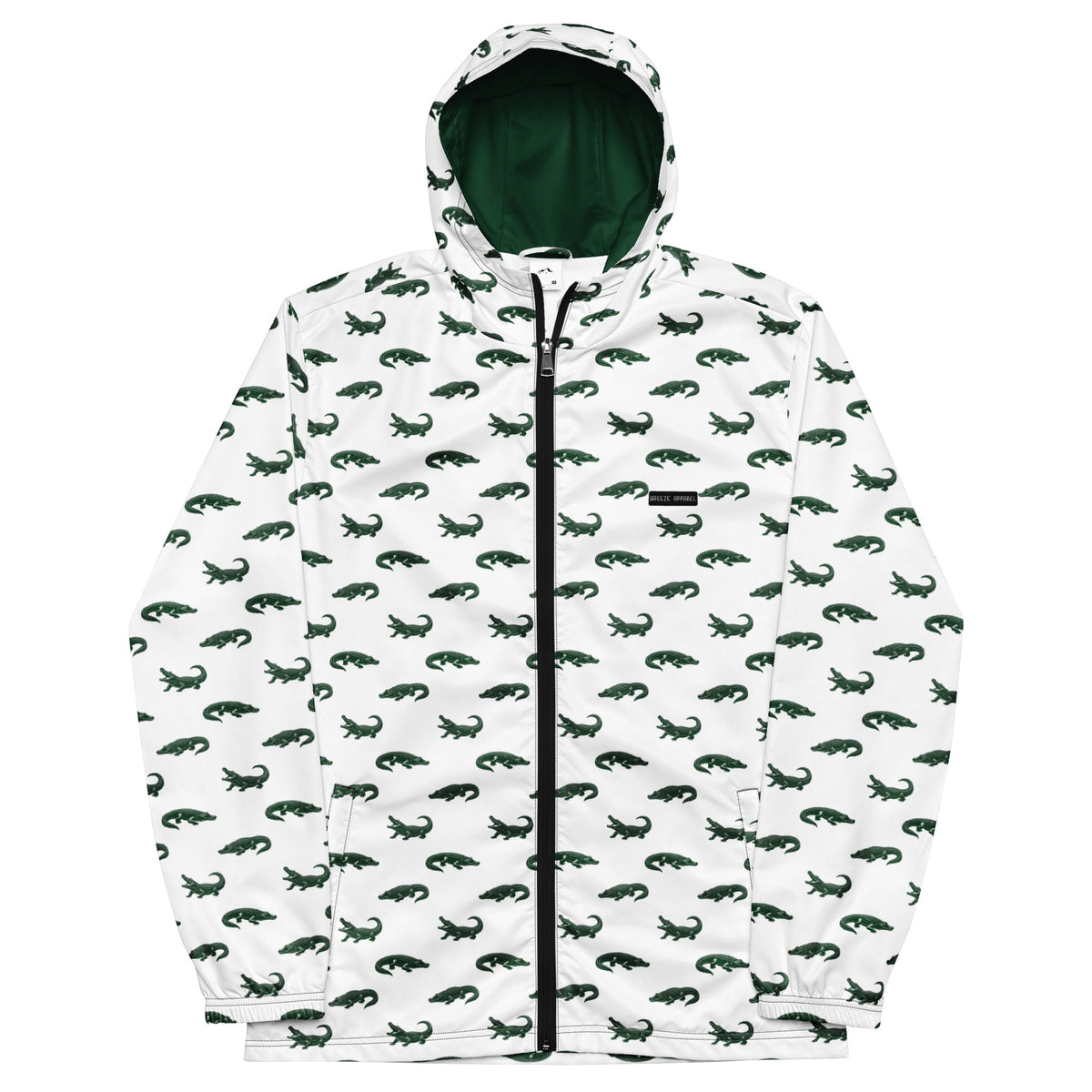 White jacket with pattern of green alligators.