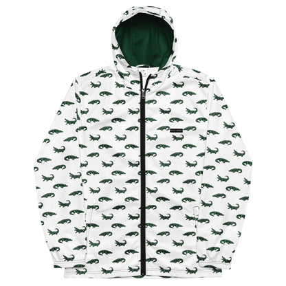 White jacket with pattern of green alligators.