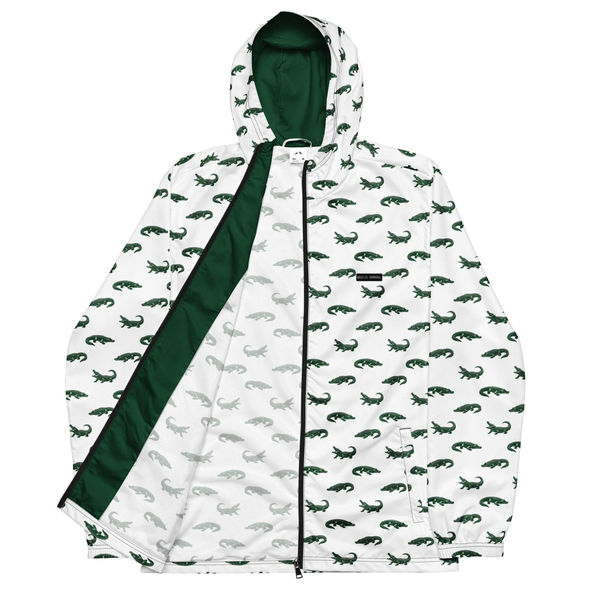 White jacket with pattern of green alligators.
