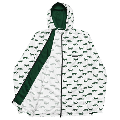 White jacket with pattern of green alligators.