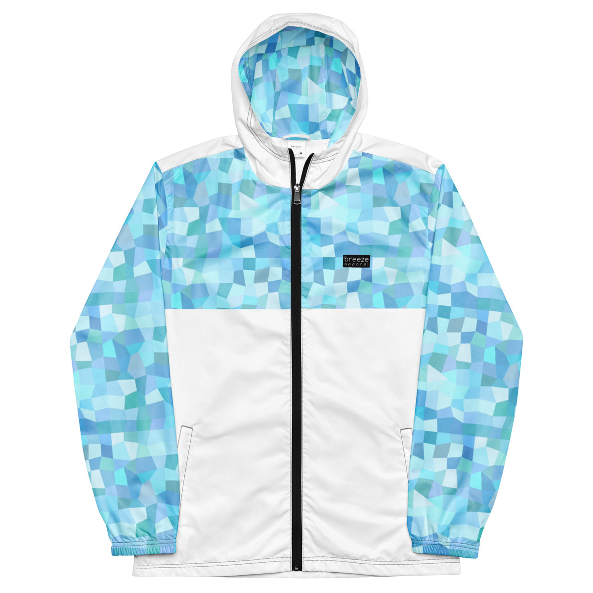Jacket with light-blue geometric pattern on hood interior, top, and sleeves; rest is white.