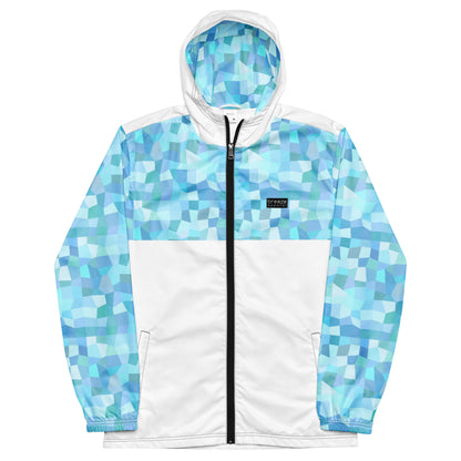Jacket with light-blue geometric pattern on hood interior, top, and sleeves; rest is white.