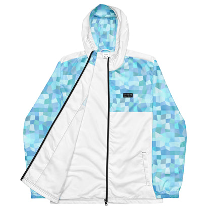 Jacket with light-blue geometric pattern on hood interior, top, and sleeves; rest is gray.