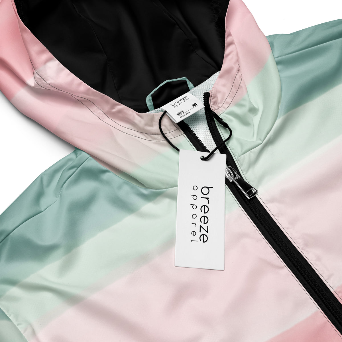 Jacket with design resembling watercolor consisting of horizontal stripes that are pink, light-green, or gray.