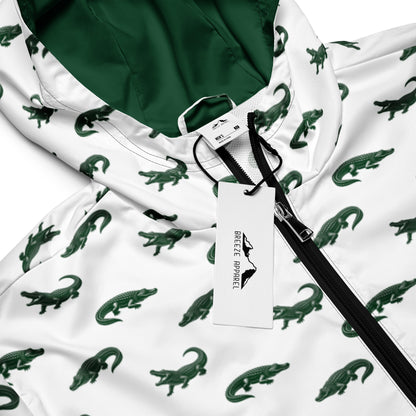 White jacket with pattern of green alligators.