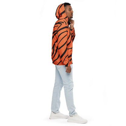 Man wearing jacket with tigerskin pattern.