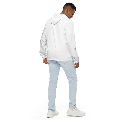 Rear view of man wearing white jacket.