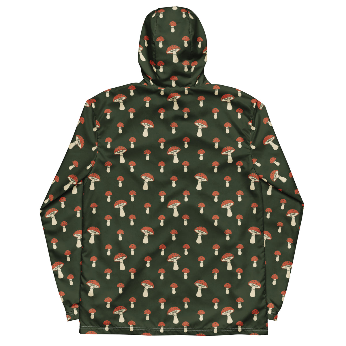 Back of jacket with pattern of mushrooms set on a green background.