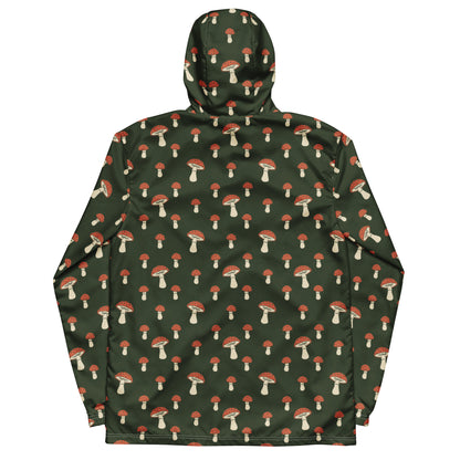 Back of jacket with pattern of mushrooms set on a green background.