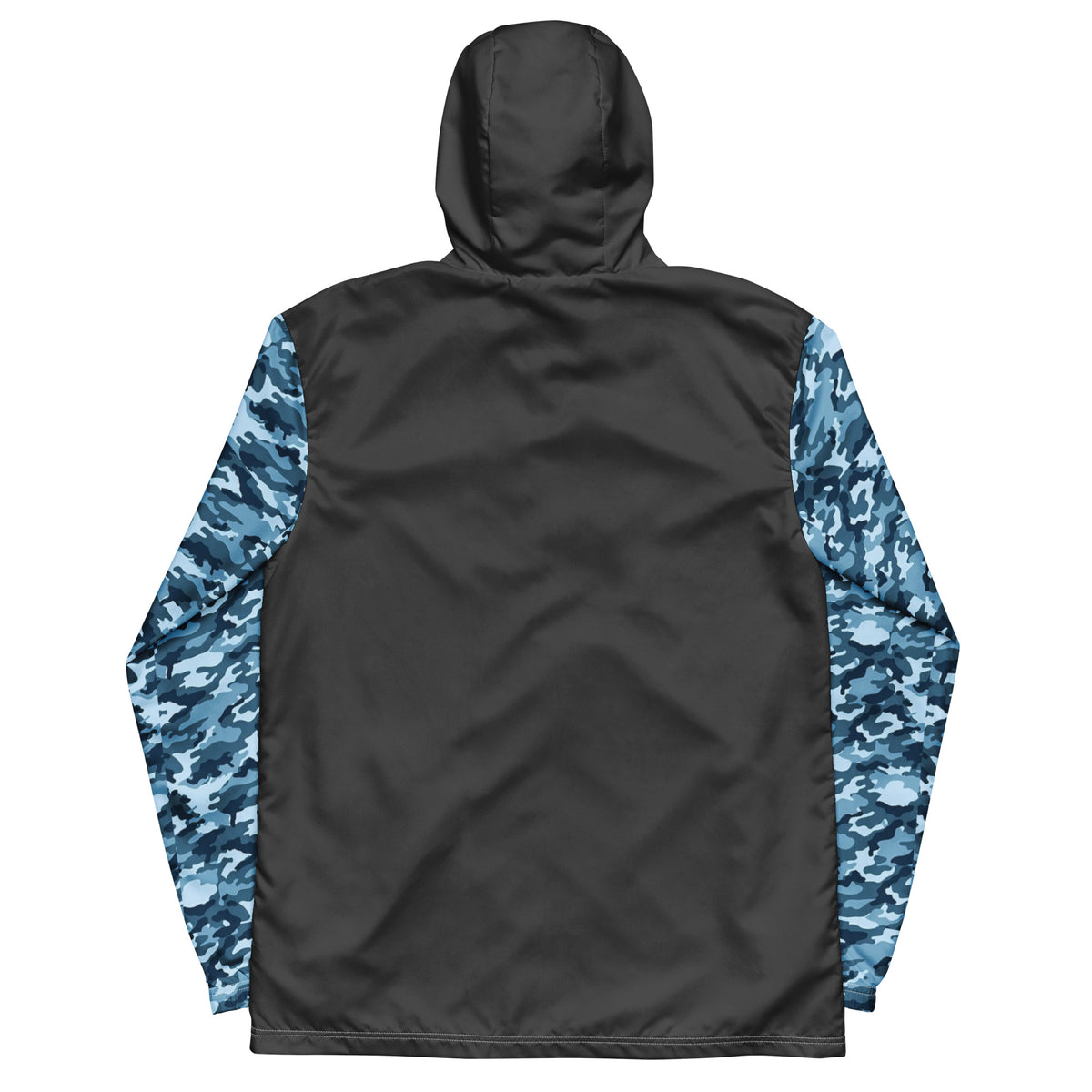 Back of jacket that is gray, except for a navy camouflage pattern on the sleeves.