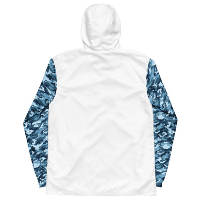 Back of jacket that is white, except for sleeves, which have a navy camouflage pattern.