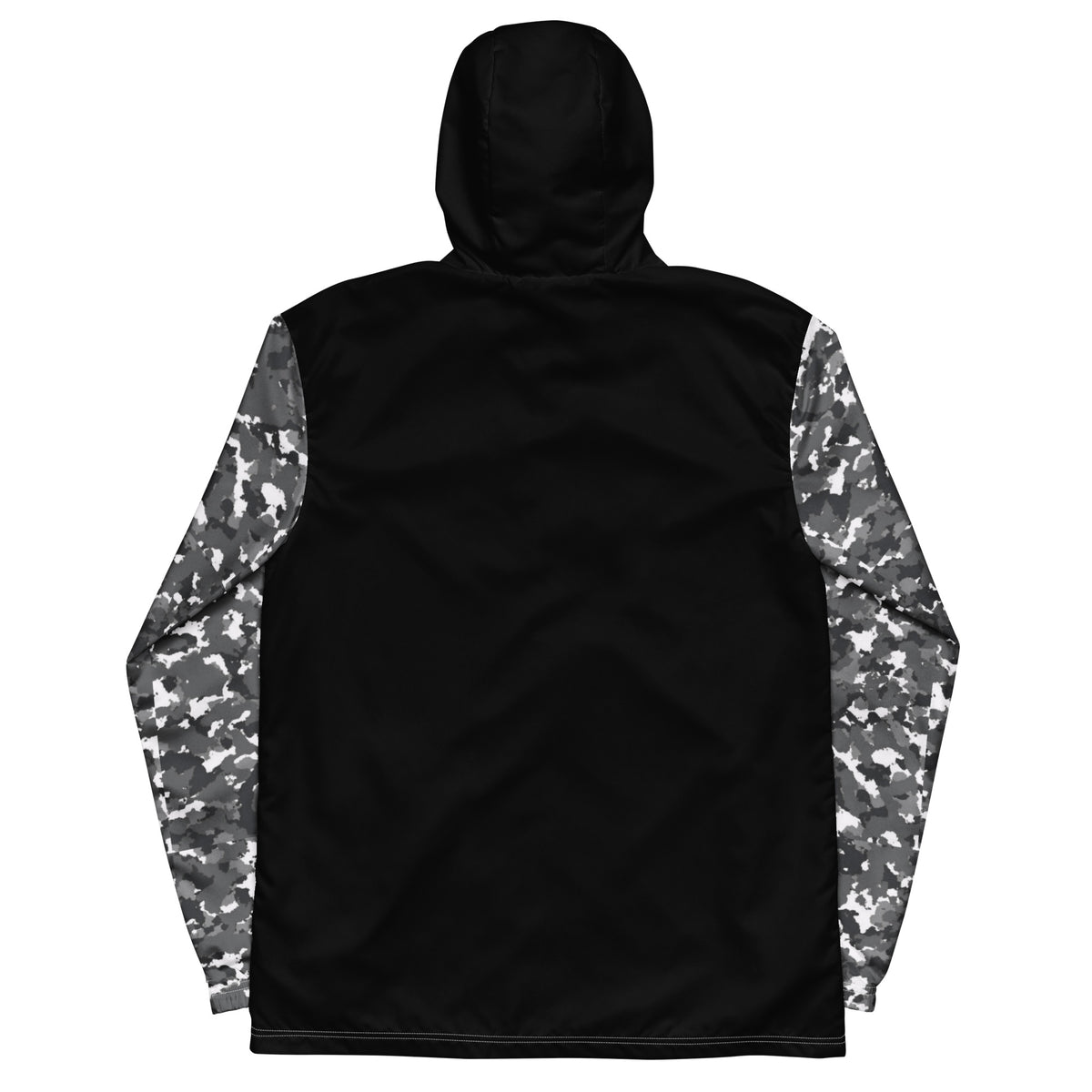 Back of jacket that is black, except for sleeves, which have a black-gray-white camouflage pattern.