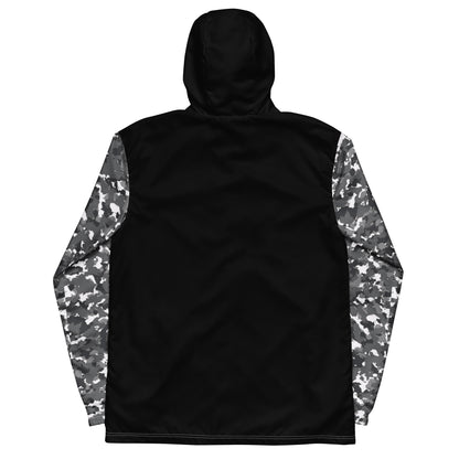 Back of jacket that is black, except for sleeves, which have a black-gray-white camouflage pattern.