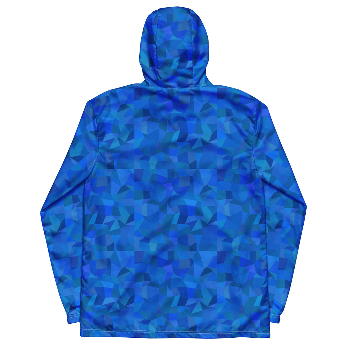 Back of jacket with blue geometric pattern.