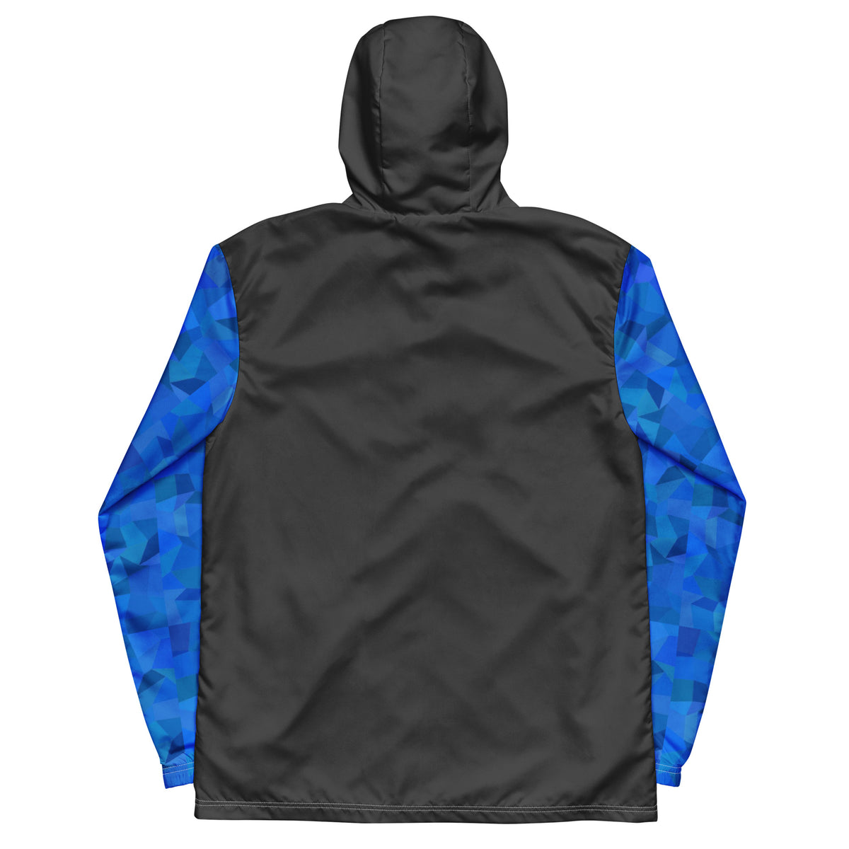 Gray back of jacket; sleeves have a blue geometric pattern.