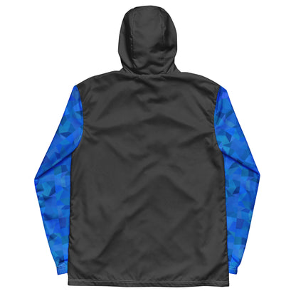 Gray back of jacket; sleeves have a blue geometric pattern.